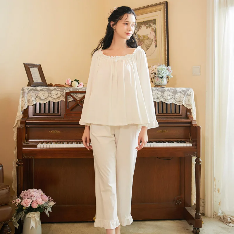 

Long Sleeved Cotton Pajama Suit Women's Spring And Autumn Trousers Loose Large Court Style Leisure Simple Home Clothes Two-piece