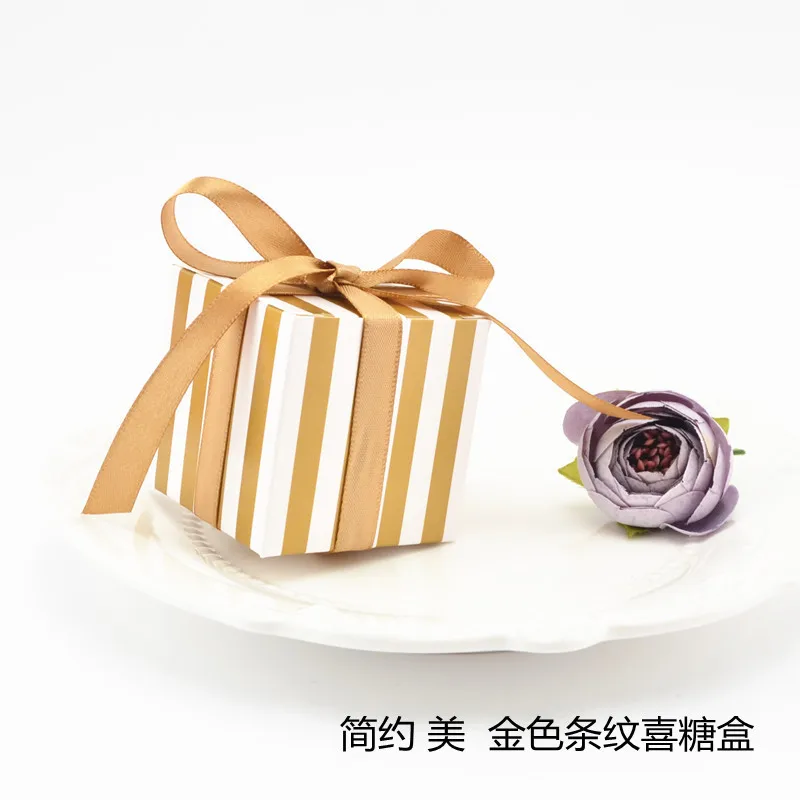 

50pcs 55x55x55mm(2.1") Gold Silver Striped Small Gift Box with Ribbon, DIY Candy Party Favor Box,wedding candy present box