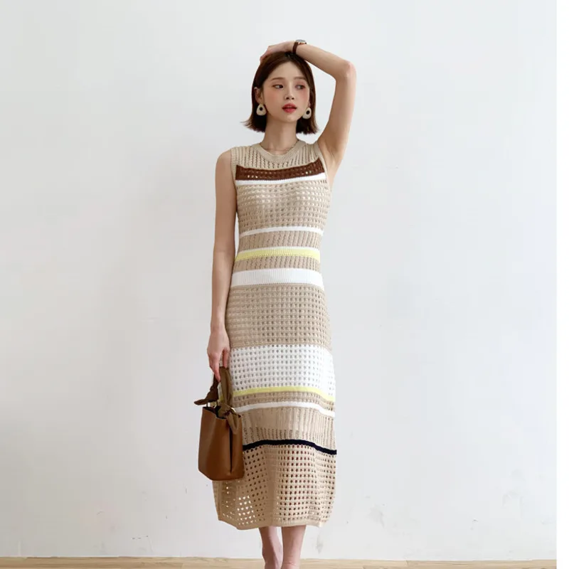 

Summer Korean Elegant Hollow-out Fashion Stretch Maxi Dress Sets Knitted Sling Dresses Two-piece Suit Vestidos Mujer Robes Femme