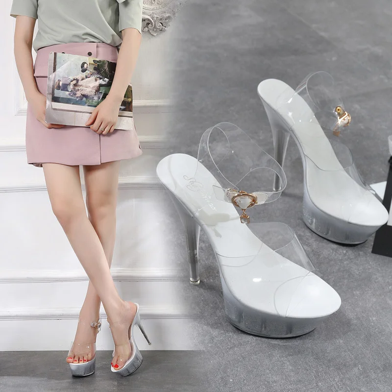 

Large size high-heeled sandals women's summer new fish mouth waterproof platform one button walk show crystal shoes
