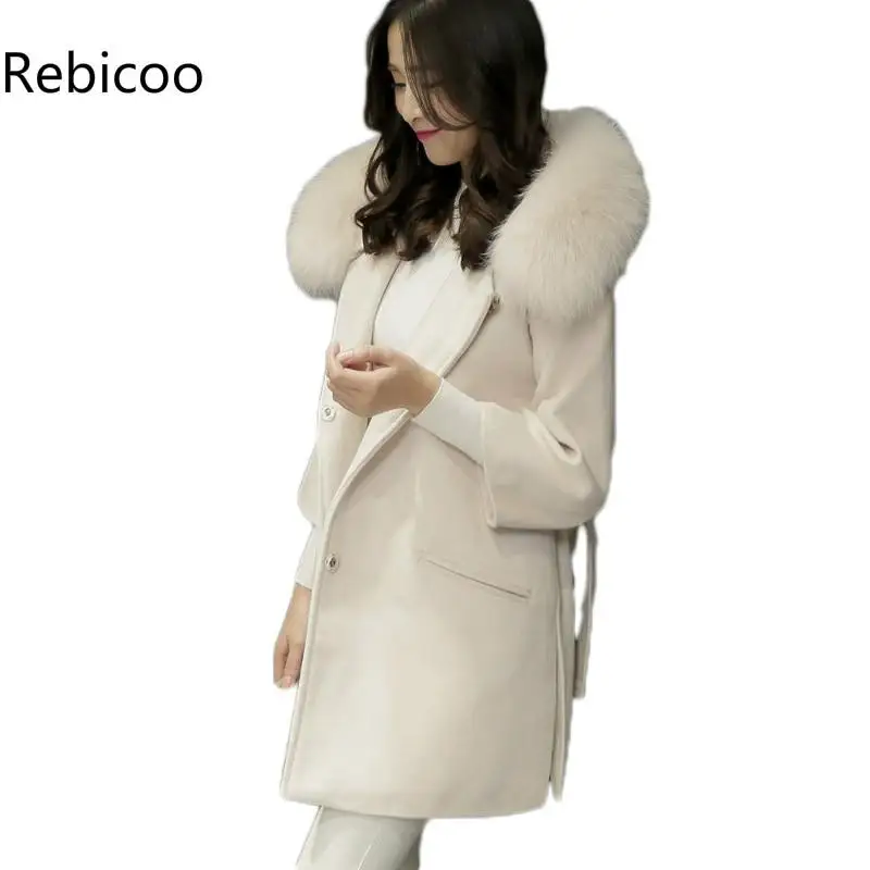 Женское шерстяное пальто с воротником из искусственного лисьего меха и