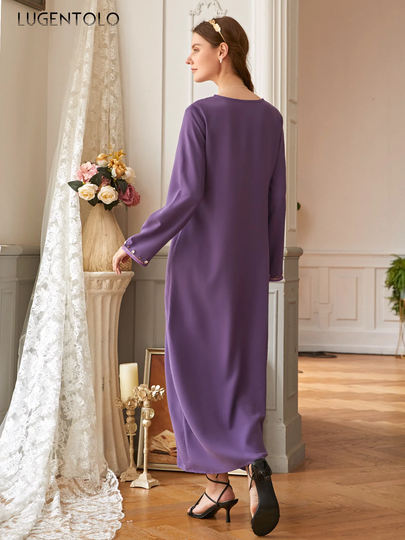 

Lugentolo Women Elegant Dress Fashion Muslim Vintage Purple Yarn-Dyed Hand-Stitched V-neck Diamond Dress Lady Dinner Maxi Dress