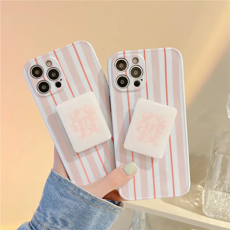 

Ins Pink Stripe Phone Case for iPhone 11 12 12pro 13 13pro XS MAX 8 7 Plus X XR Stand Holder Soft IMD Silicon Back Cover