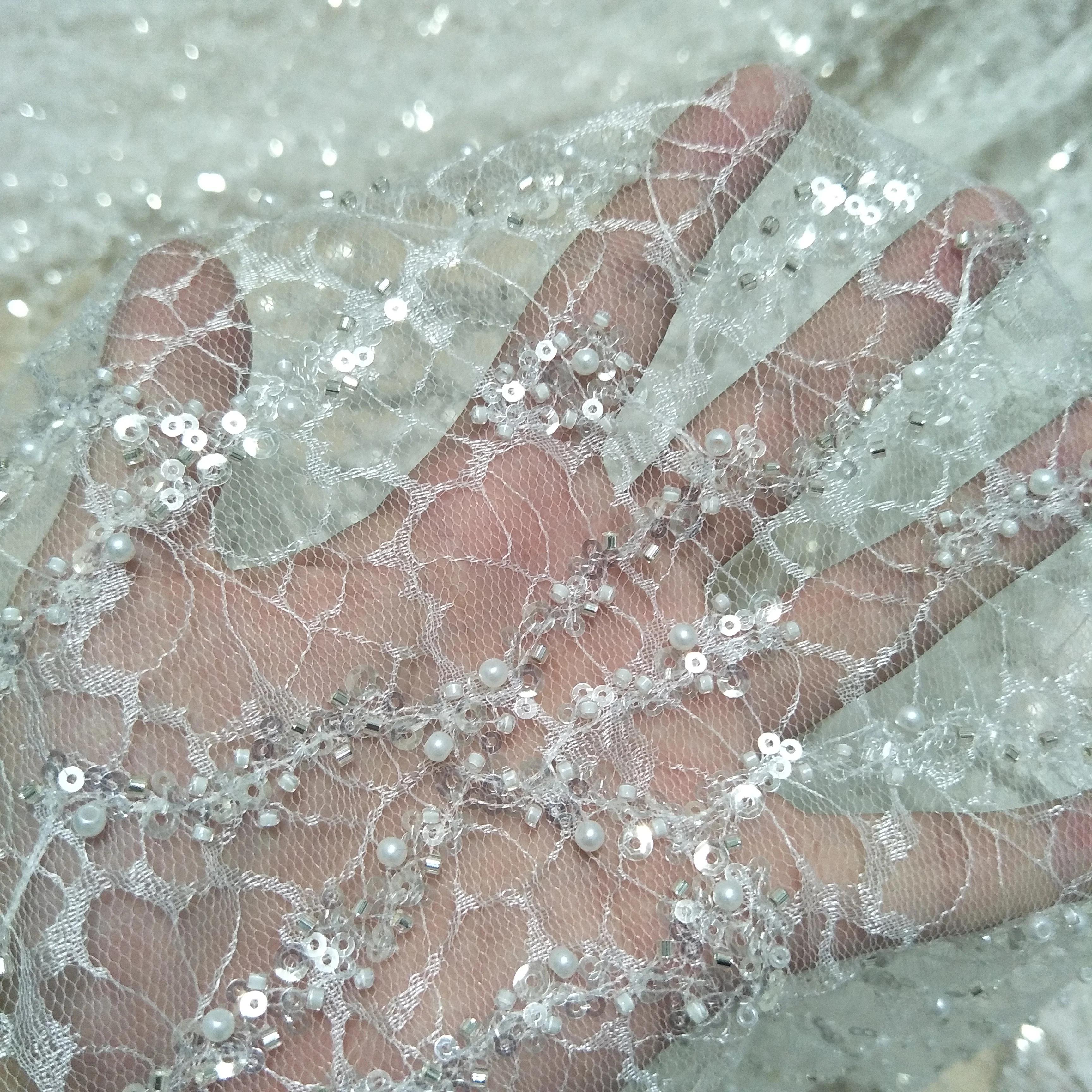 Блестящая кружевная ткань с жемчугом свадебное платье для невесты ширина 130 см -