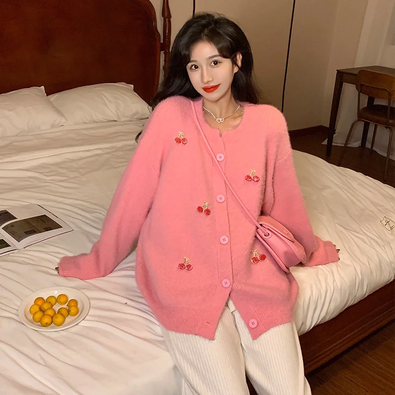 Harajpoo Sweater Woman Pink Knitted Autumn Winter Korean 2021 New Embroidery Loose Lazy Style Long Sleeve Sweet Casual Cardigan |