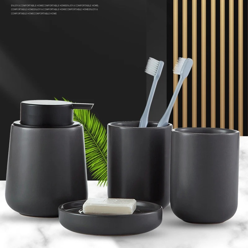 

Nordic black ceramic bathroom accessories Washing set hotel Household soap dispenser Toothbrush Holder Soap Dish Mx6171609