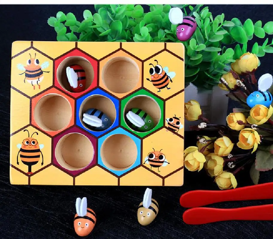 

Hot Wooden Leaning Educatinal Toys Children Montessori Early Education Beehive Game Childhood Color Cognitive Clip Small Bee Toy