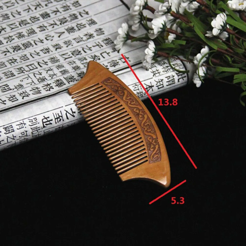 

1Pcs Natural Peach Solid Wood Comb Close Teeth Engraved Peach Wood Anti-static comb Head Massage Hair Care Tool Beauty
