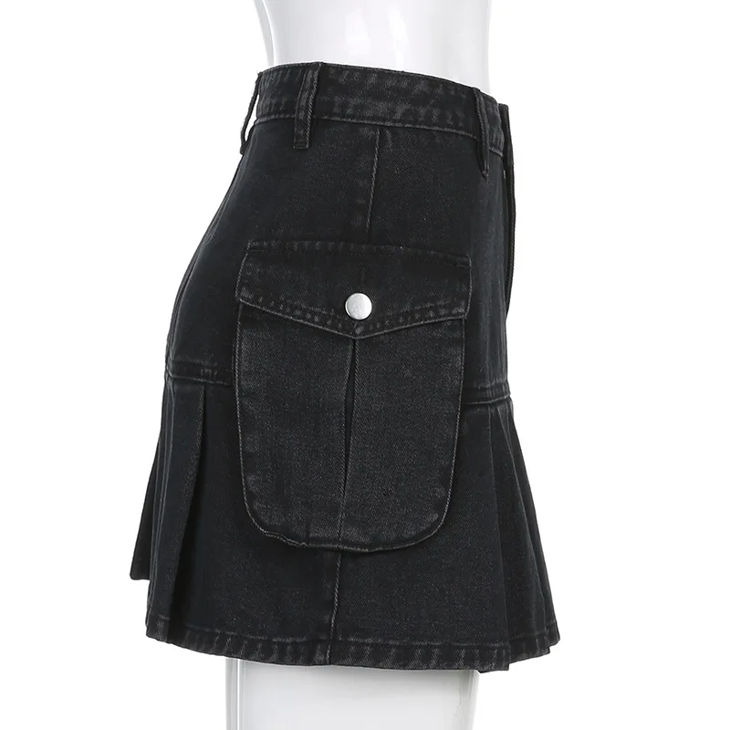 

Women Sexy High Waist Ruched A Line Black Denim Mini Skirt Skinny Button Pouch Pleated Skirt Casual High Street Clubwear Chic