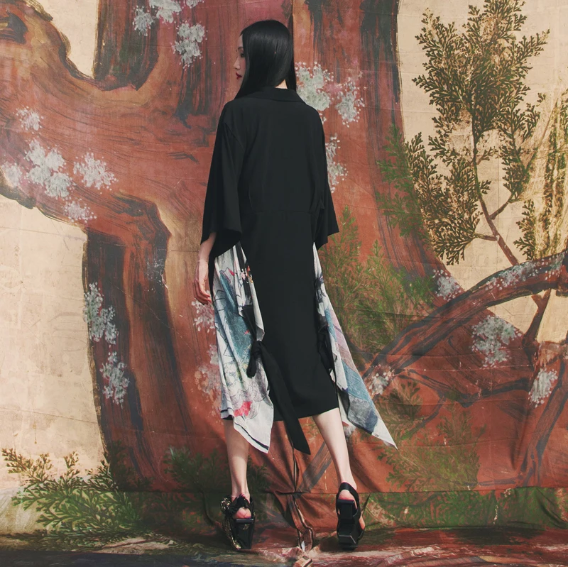 Женское кимоно с принтом горничной Бандажное платье разрезом и длинными