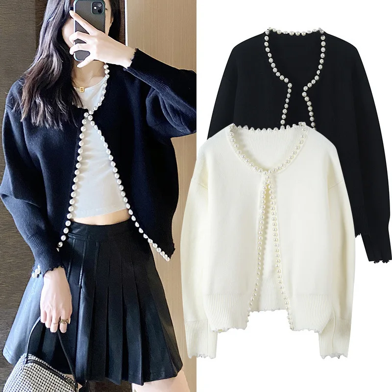 

426 Women Sweater Pearl Trim Long Sleeve Cardigan Spring Autumn Chic Elegant Outwear Top V-Neck Gentle Fashion Female Soft Coat