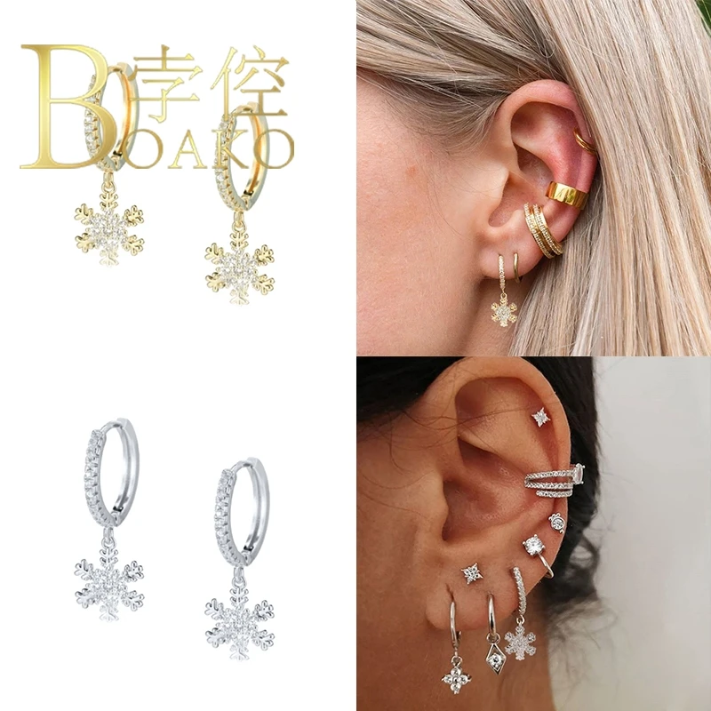 

BOAKO Zircon Snowflake Earrings For Women 925 Sterling Silver Earrings Dangle Earrings Korean Piercing Earings Сережки #9.9
