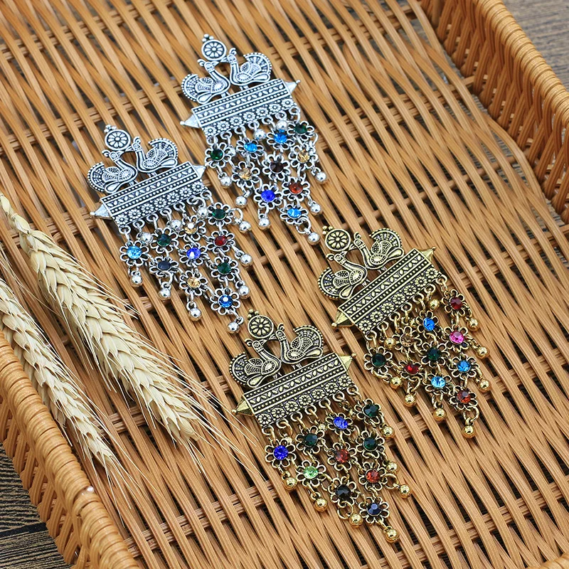 Индийские Золотые серьги Jhumka для женщин этнические двойные павлиньи колокольчики длинные с кисточками