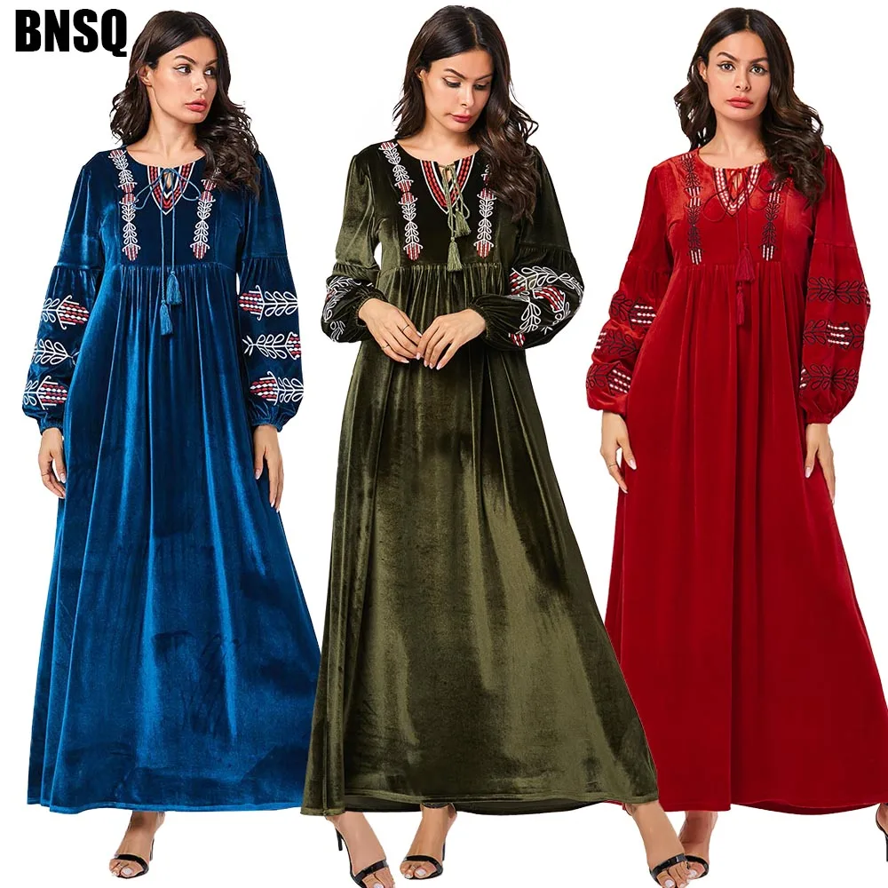 Bnsq Arab Emas Beludru Bordir Abaya Gaun Musim Dingin Wanita Muslim Kaftan Kaftan Maroko Islam Dubai Indonesia Gaun India