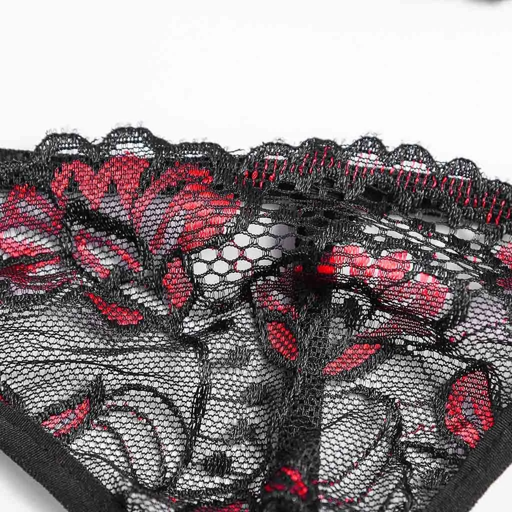 

2021 New Summer Women's Sexy Embroidery Lace Hollow Out Wire Bra Thong Garters Three Piece Sets Nightwear Lingerie Sets