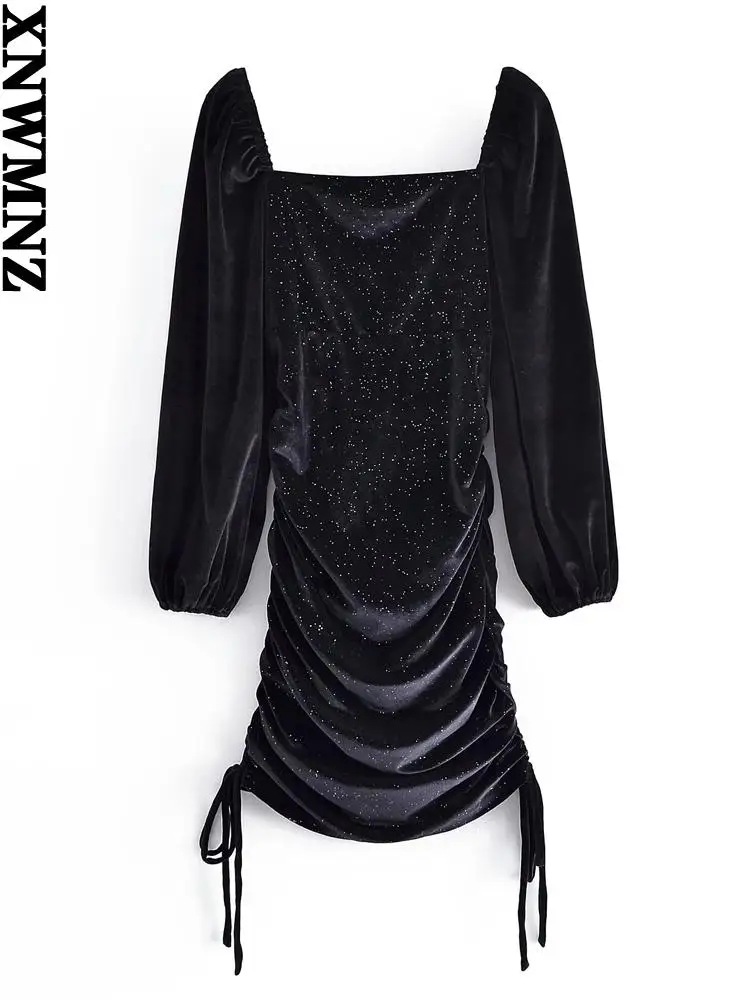 

XNWMNZ женское пикантное лоскутное Плиссированное бархатное Мини-Платье С Завязанными блестками винтажные женские платья с открытой спиной и...