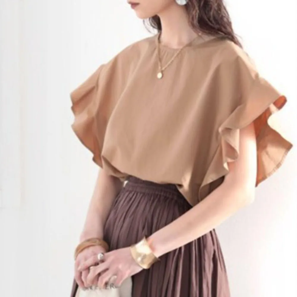 

2021 Summer New Korean Fashion Simplicity Solid Color Ruffle Summer Casual Blouse Round Neck Loose Japanese Style Temperament