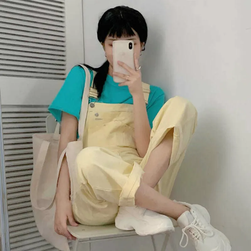

Jumpsuits Women Solid Suspender Harajuku Simple Full Length Casual Fashion Student Lovely Sweet Girls Loose Wide Leg Daily Chic