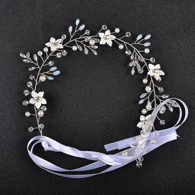 Silver Color Flower Crystal Long Headbands Bridal Wedding Pearl Hair Jewelry Accessories Head Plant Vine Decoration Ornament | Украшения и