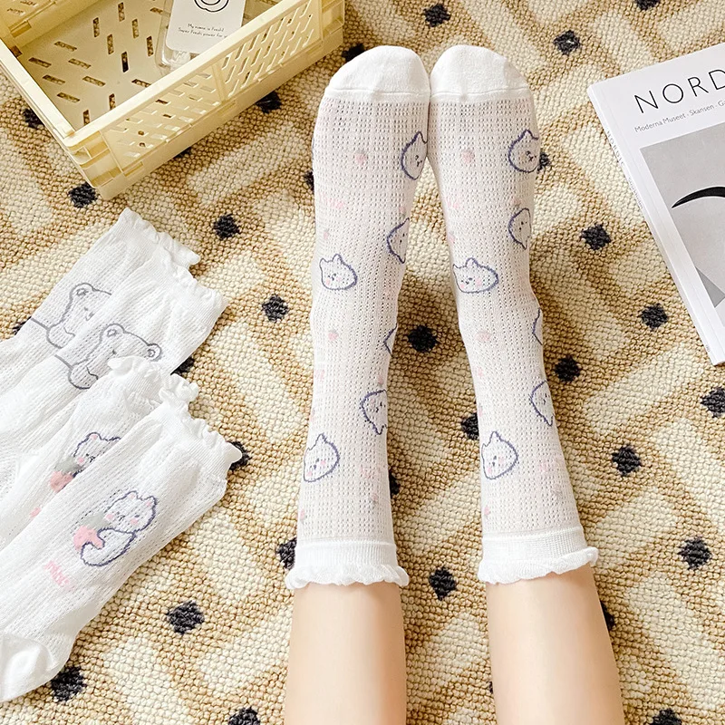 

Hollow Socks Female Mesh Spring and Summer Strawberry In The Tube Cotton Breathable Thin Section Cute Summer Bear Fashion