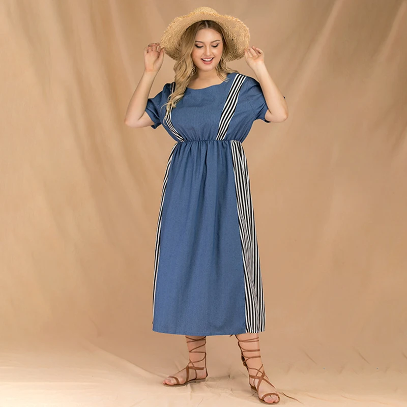 Summer Round Neck Short Sleeve Stitching Striped Elastic Waist Dress Plus Size Women Clothes Stripe Splicing Hedging Long Dress