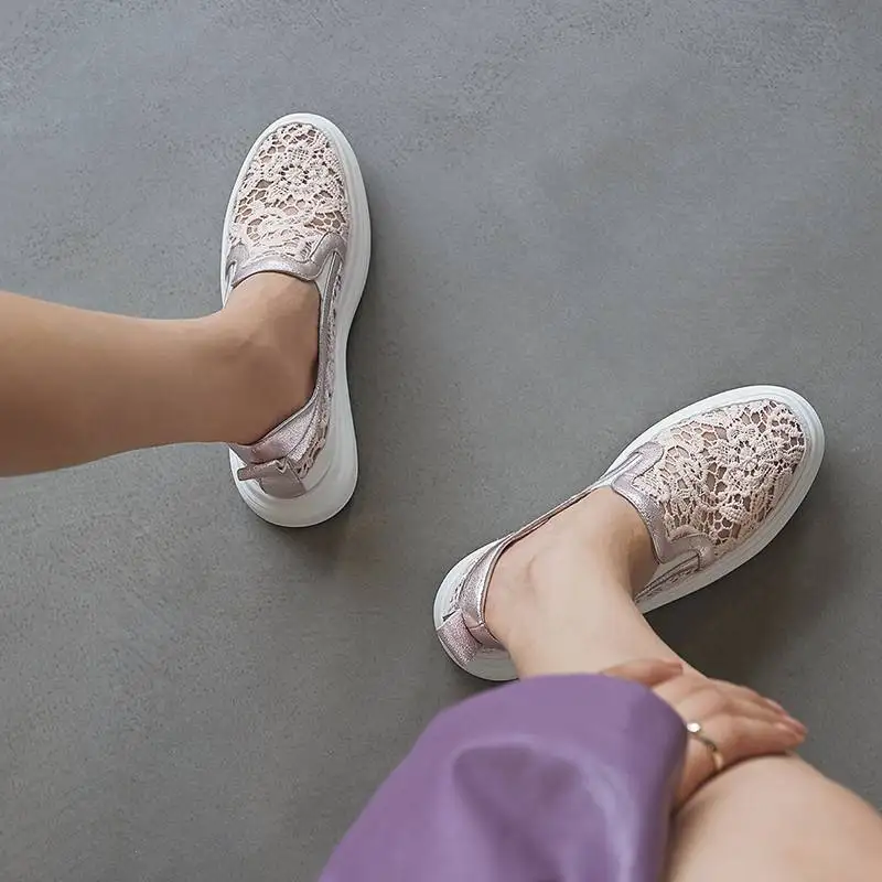 

lenkisen sheep leather increasing embroidery flower air mesh round toe flat platform plus size slip on vulcanized shoes l9f3