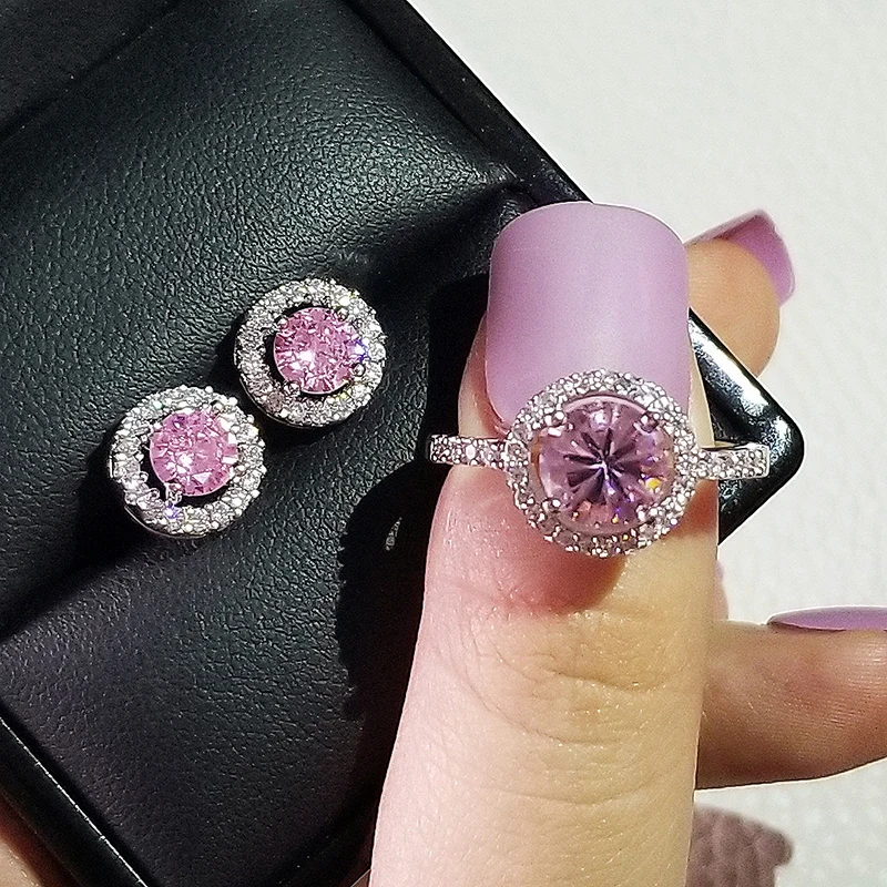 

2pcs Pack 925 Sterling Silver Cushion Cut Zircon Jewelry Set Engagement Ring Stud Earring For Women Gift J416-pink