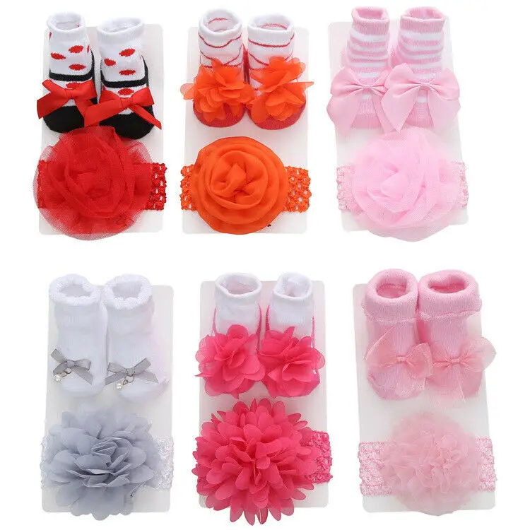 

Newborn Baby Girls Warm Cotton Socks Toddler Lace Bow Princess Cute Bowknot Socks+ Hair Band Set Gifts