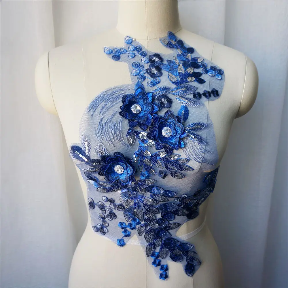 Синее 3D цветочное кружевное платье с серебристыми пайетками вышитое аппликацией