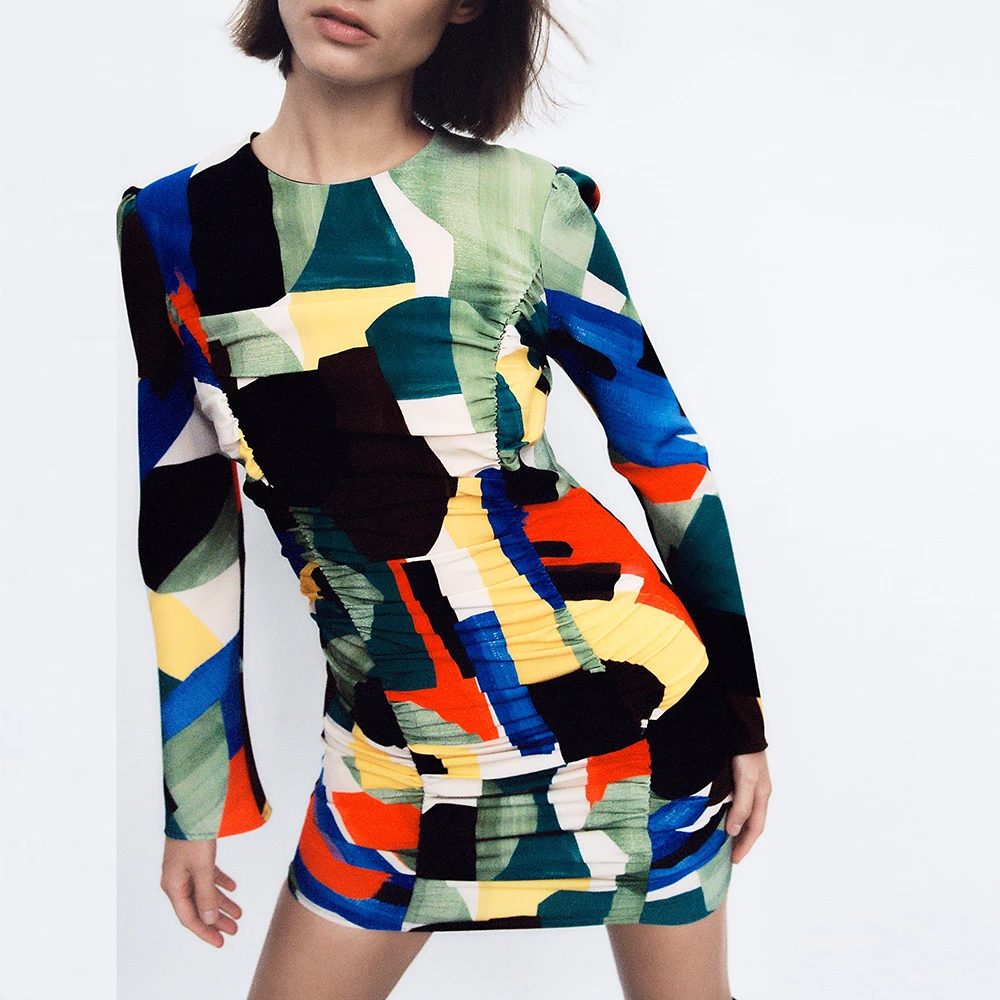 

Za Printed Dress 2021 New Women Sexy Long Sleeve Slim Dresses Female Chic Colorful Patchwork Draped Mini Club Party Vestidos