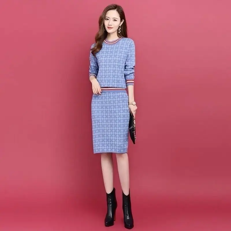 

Женский трикотажный комплект из двух предметов, свитер с круглым вырезом и длинным рукавом, юбка миди в стиле ретро, Осень-зима 2021, Y475