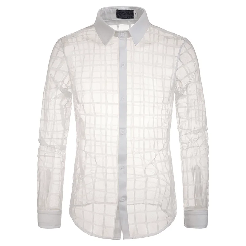 Мужской черный клетчатый плед Сетка прозрачная рубашка сексуальные новые ажурные прозрачные майки мужские Вечерние Выпускные Клубные рубашки