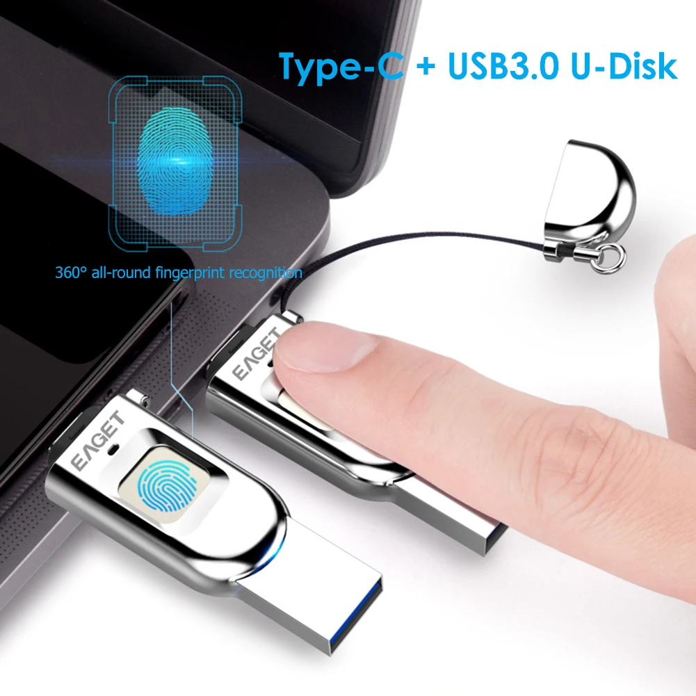 USB флеш-накопитель Eaget FU68, металлический флеш-накопитель, флеш-накопитель USB 3,0 OTG, USB Type-C, флешка, накопитель отпечатка пальца