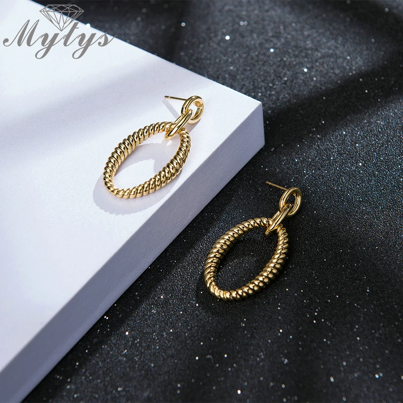 Mytys Twist Circle Round Drop Earrings for Women Trendy Fashion Dangle Gold Color Metal Jewelry CE625 | Украшения и аксессуары