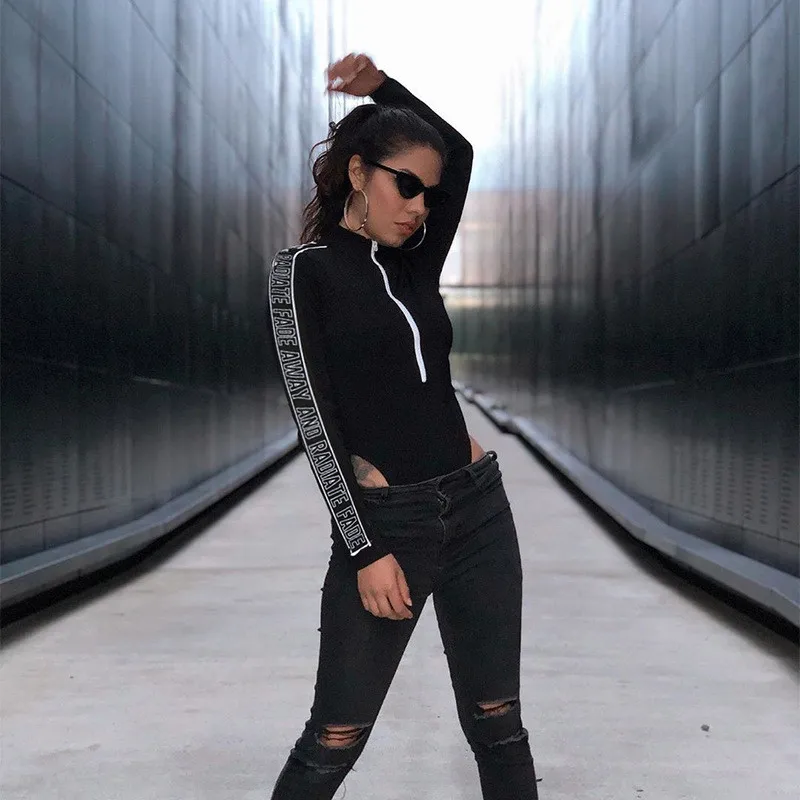 New 2020 Bodysuit Women Letter Zipper Half High Collar Long Sleeve Casual Bodysuits Women's Clothing ropa mujer D05601Y