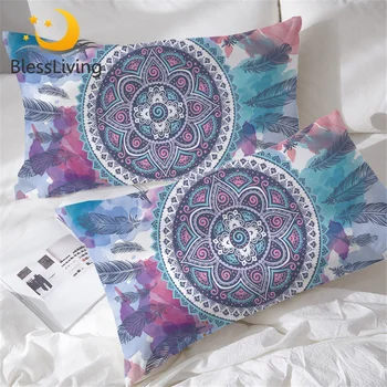 BlessLiving Mandala Feather Pillow Case Blue Purple Hippie Pillow Shams Set of 2 Girly Pillowcase Boho Watercolor Pillow Cover 1