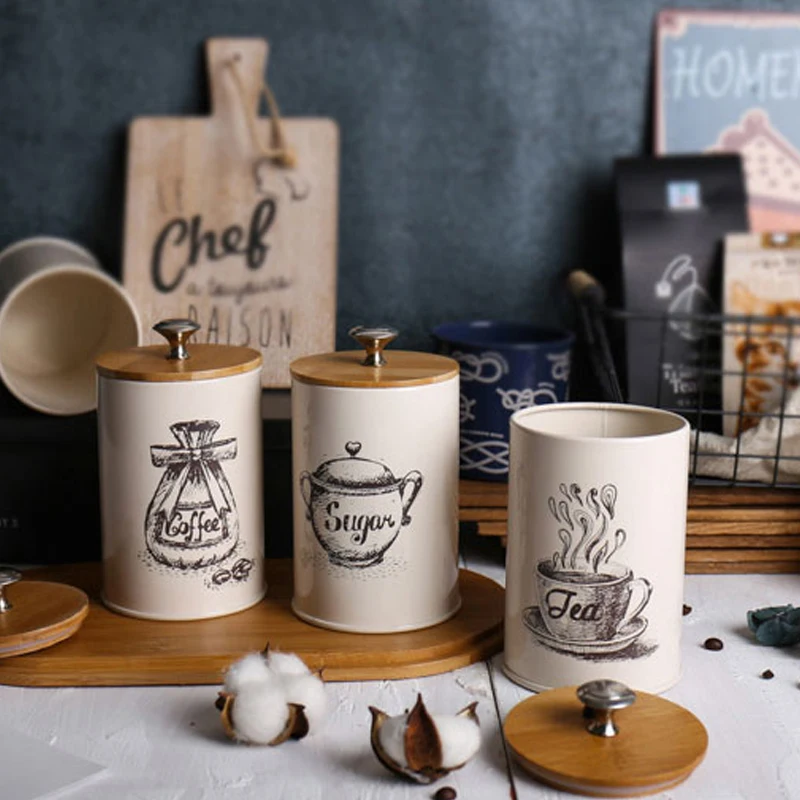 

European Style Creative Storage Canister With Wooden Covered Coffee Beans Sealed Jars Nuts Multigrain Candy Snacks Storage Tanks