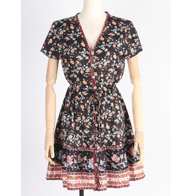 

floral print summer short dress women 2021 new short sleeve v neck mini dresses single breasted bohemian beach dress