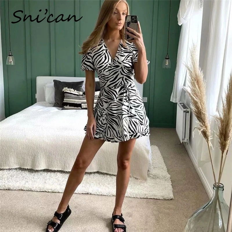 

Black Zebra Print Shirt Dress Summer V Neck Short Sleeve Office Ladies Sashes Vestidos Mini Vintage Sukienki Letnie Za 2021