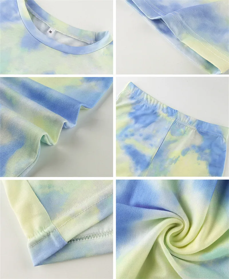 

2020 New Women's Two Piece Suits Casual Outfits Tie Dye Printing Backsuits T-shirt Suit Sports Style Bicycles Shorts Set S06616Y