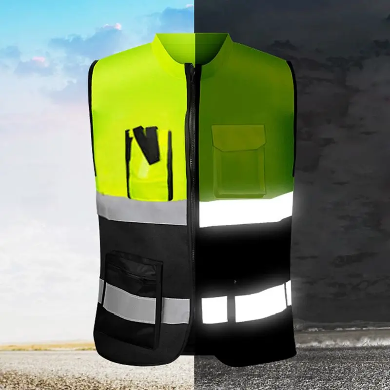 

Multi-pockets High Visibility Zipper Front Safety Vest with Reflective Strips Bicycle and Motorcycle Riding Multipurpose Safety