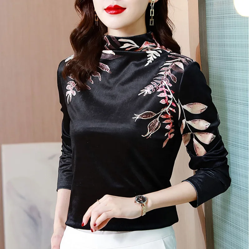 

Half High Neck Gold Velvet Bottoming Shirt Autumn Winter 2021 New Long Sleeved High-End Printed Women's T-Shirt Blusas