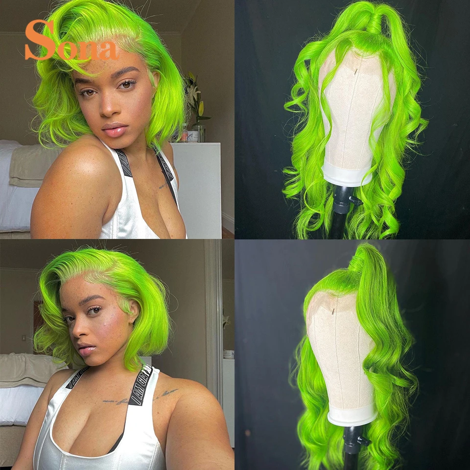 

13x4 Lime Green Human Hair Wigs Pre plucked Short Bob Lace Front Wig 180% Brazilian Remy HD Transparent Lace Frontal Wig Wavy