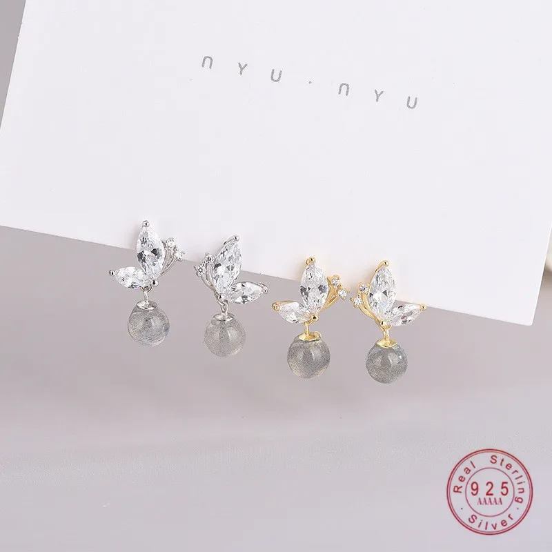 

HI MAN 925 Sterling Silver Plating 14K Gold Korean Zircon Butterfly Moonstone Earrings Women Exquisite Creative Dating Jewelry