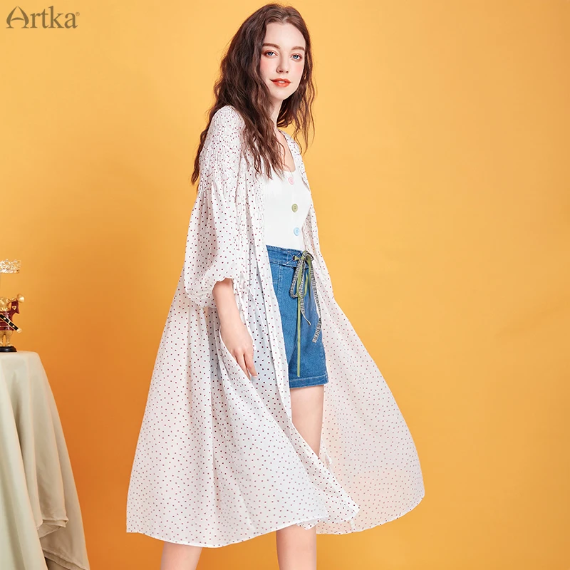 Женское шифоновое платье рубашка ARTKA винтажное Свободное длинное в горошек с V