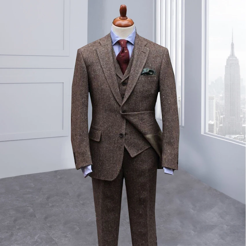Новинка дизайнерские коричневые Твидовые костюмы мужской приталенный