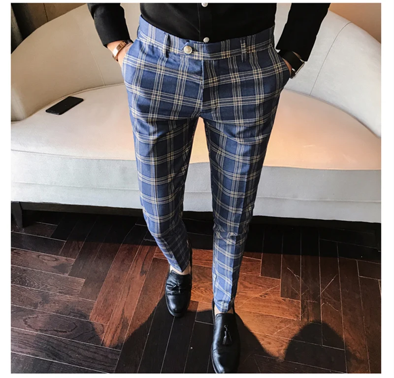 Серый синий мужской Клетчатый костюм брюки Slim Fit лодыжки костюм брюки для мужчин классическое деловое офисное платье формальный клетчатый костюм брюки P13