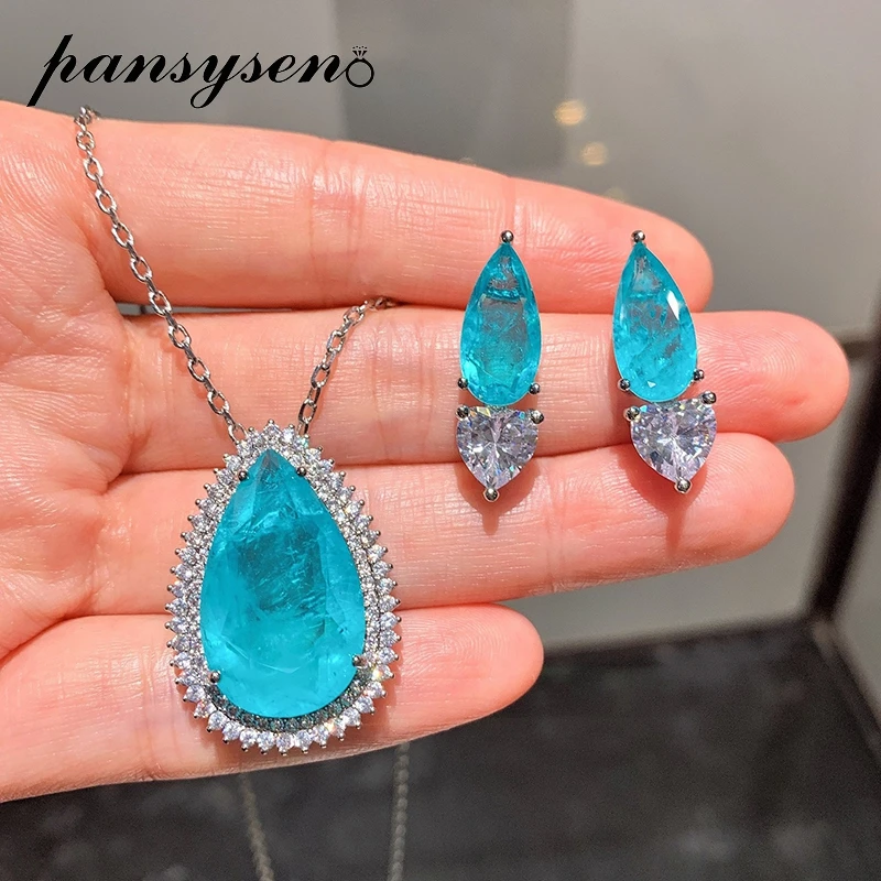 

PANSYSEN Vintage Paraiba Tourmaline Gemstone Anniverdary Cocktail Party Earrings Necklace 925 Sterling Silver FineJewelry Sets