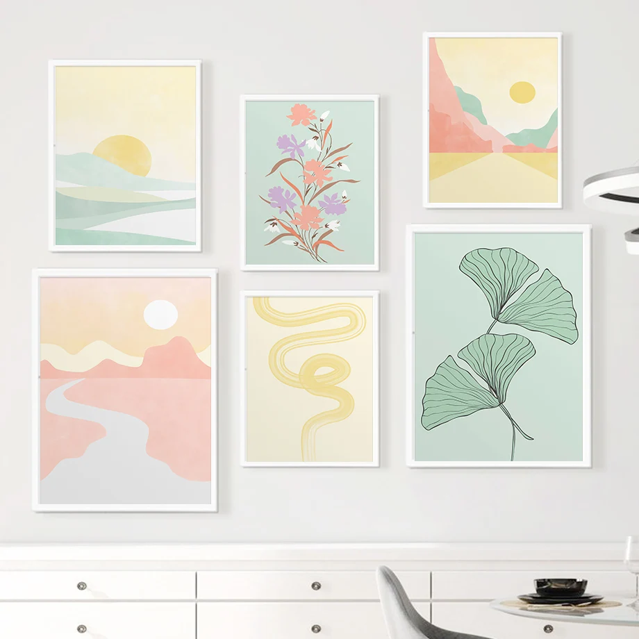 Абстрактная желтая линия с изображением растений настенная живопись на холсте