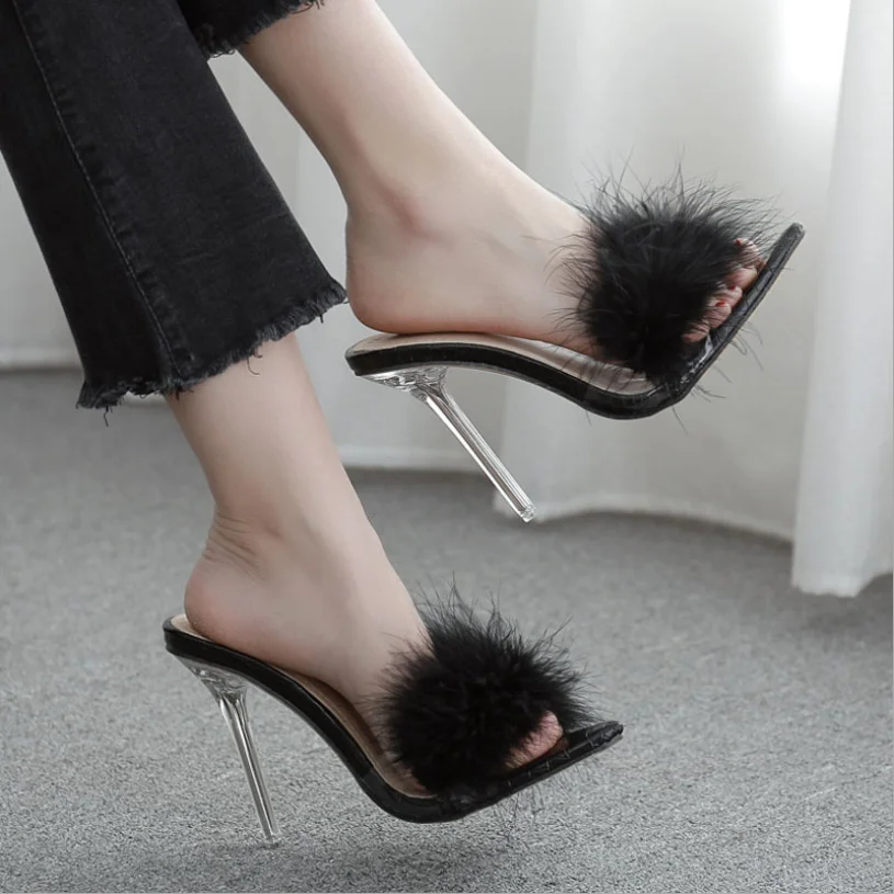 

Aq110 Woman Shoes Transparent Crystal High Heels Woman Feather Fur Slippers Pumps Women Peep Toe Mules Lady Cute Plush Slippers